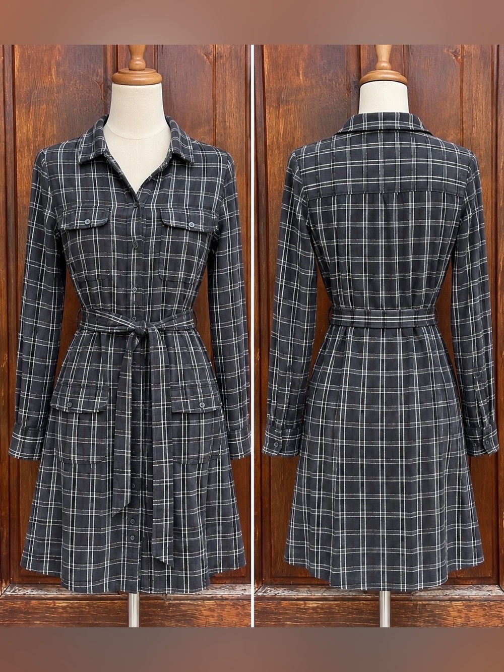 Banana Republic Black and Gray Plaid Shirt Dress with Waist Tie